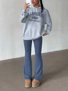 SHEIN Glowzi 青少年女孩两件套，碎花灰蓝色，休闲百搭，宽松长袖运动衫和喇叭裤，返校，干净女孩，运动服 - 灰色 - 查看 5