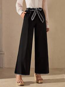 Wildy Fall Bottoms Women's Black Casual Tie-Up Pants Business Casual Woman Bow Pants Women Wide Leg Pants Black Wide Leg Pants  Fall Women Clothes Office Wear Women Business Professional Women Wide Leg Pants With Tie Belt High Waist Pants ChicAutumn - Black - View 1