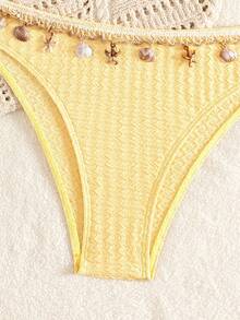 Swim Mod Textured Halter Neck Bikini Set With Starfish & Shell Decor - Yellow - View 7