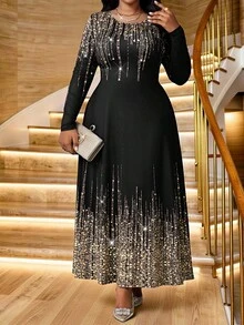 SHEIN Lady Black Autumn Elegant Formal Dinner Evening Plus Size Dress For Women,Flared Long Sleeve Crew Neck Party Wedding Guest Cocktail Dress,Halloween Outfits - Multicolor - View 6