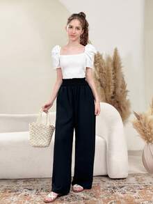 SHEIN 少女优雅荷叶边松紧腰阔腿裤，夏季 - 黑色 - 查看 1