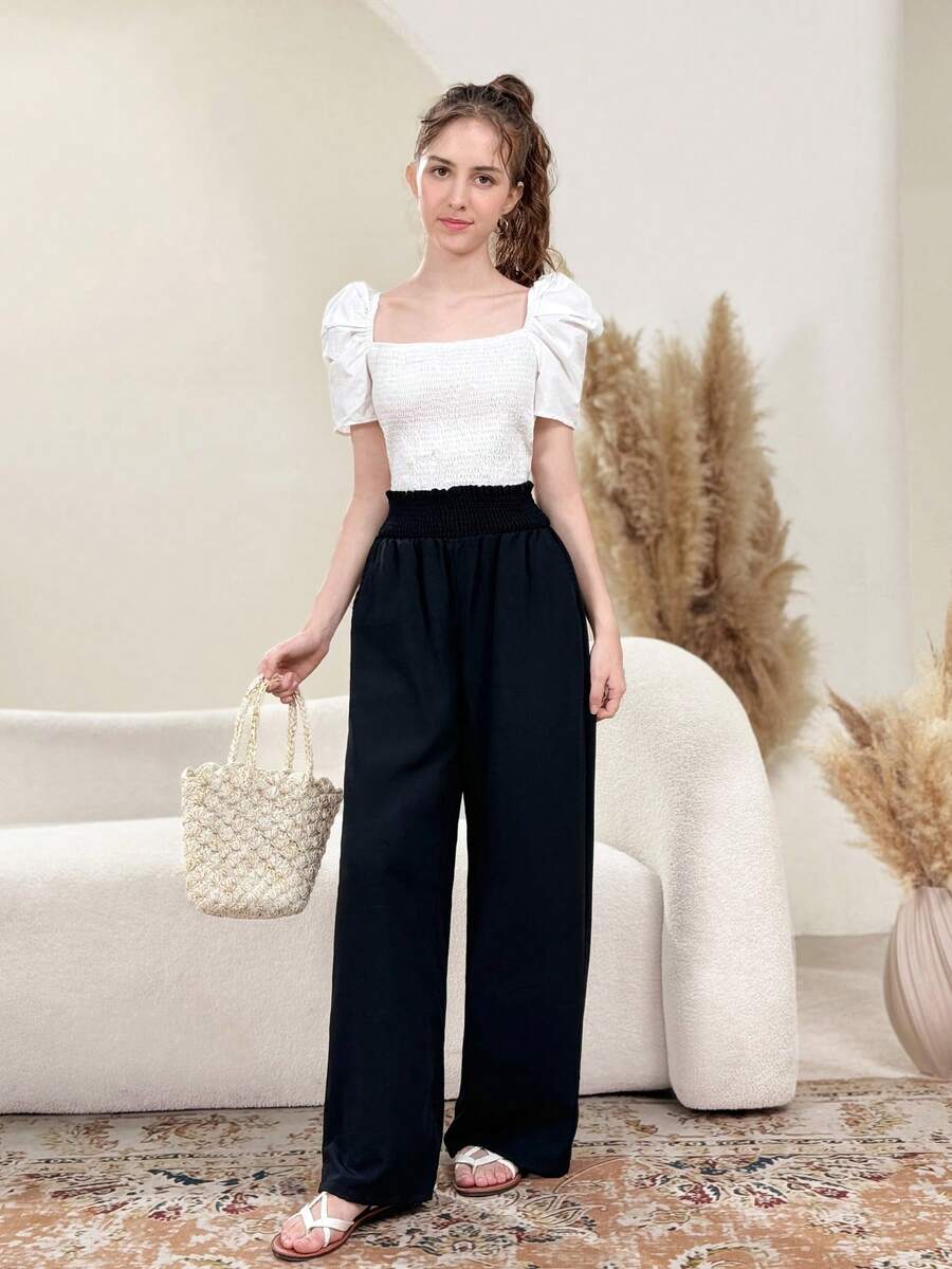 SHEIN 少女优雅荷叶边松紧腰阔腿裤，夏季 - 黑色 - 查看 1