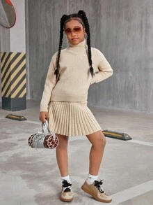 Setelan Kasual Anak Perempuan Remaja Warna Polos, Sweater Lengan Panjang Model Bahu Longgar dan Rok Mini Lipit, Musim Gugur/Musim Dingin - Navy Blue - View 3