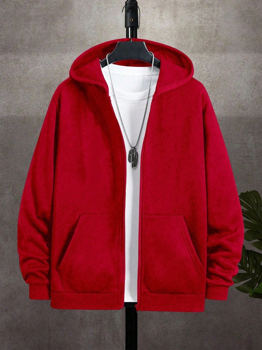 SHEIN 1 Stück Lässige Sportswear Collegestyle Retro Loose Fit Kapuzenjacke mit Pattentaschen für Tween-Jungen, geeignet für Einschulungen, Geburtstagsfeiern, Abendveranstaltungen, Aufführungen, Hochzeiten, Taufen, Eröffnungszeremonien, Alltagsnutzung, Schule, Reisen, Sport, Frühling und Herbst, Weihnachten - Rot - Übersicht 1