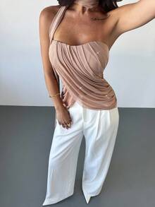 Firerie Eleganckie, falbaniaste, połyskujące bluzki damskie z siateczki/Ubrania jesienne/Eleganckie bluzki damskie/Szykowne bluzki/Szykowne bluzki jesienne/Stroje na randkę/Bluzki na imprezę - Kolor khaki - Zobacz 5