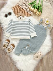 2 件婴儿针织套装：条纹圆领长袖毛衣 + 带吊带的连体裤 - 淺藍色 - 查看 7