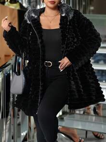 SHEIN Clasi Große Größen einfarbige Kapuzenjacke mit Kunstpelz, modisch für Herbst/Winter - Schwarz - Übersicht 5