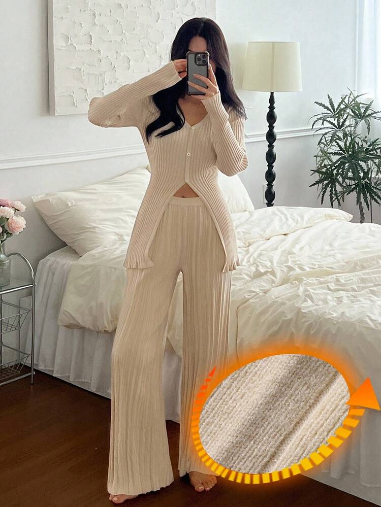 Women's Minimalist Ribbed Knit Long Top And Pants Loungewear Set, Winter, Fall Clothes Pajama, Cozy Outfit