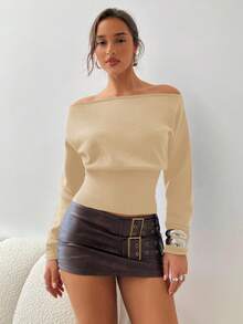 Aloruh Women's Autumn/Winter Exposed Shoulder Asymmetrical Shoulder Long Sleeve Tight Ribbed Brown Sweater,Fall - Apricot - View 3
