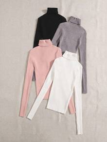 SHEIN LUNE 4 件女式高领长袖纯色套头毛衣，秋冬 - 彩色 - 查看 2