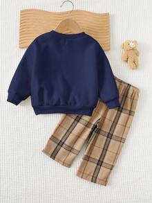 Cozy Pixies 2pcs Baby Boy Cartoon Bear Pattern Knit Soft Crew Neck Long Sleeve Pullover Sweatshirt And Elastic Waist Ankle Length Pants Set Fall Winter - Navy Blue - View 10