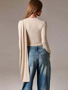 AiiRZ 披肩垂坠长袖上衣 不对称分层设计 圆领 秋冬时尚宣言 - 杏色 - 查看 2