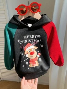 Moletom infantil para menino com estampa de letras e blocos de cores, manga raglan, Feliz Natal, estampa de renas natalinas. Moletom macio e grosso de malha com gola redonda, ideal para outono/inverno. - Multicolorido - Ver 4