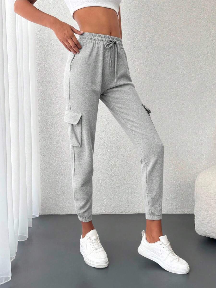 Cottnline Flap Pocket Side Drawstring Waist Joggers - Light Grey - View 1