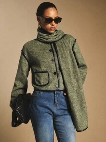 Poéselle Cappotto con profili a contrasto verde oliva con sciarpa, stile "old money", essenziale per il capsule wardrobe, idee autunnali, moda dark academia, cappotto chic preppy, cappotto corto da donna con bordi a contrasto, autunno/inverno - Verde militare - Visualizzare 6