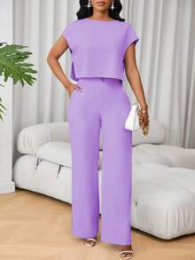 SHEIN Lunessa Bộ 2 món đồ thời trang nữ cổ tròn tay ngắn kiểu Pháp thường ngày và quần ống rộng cạp cao - Màu tím - Xem 6