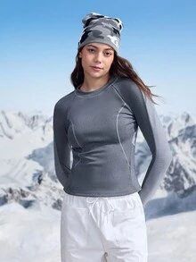 In My Nature 女士拼色圆领插肩袖修身户外T恤 - 灰色 - 查看 7