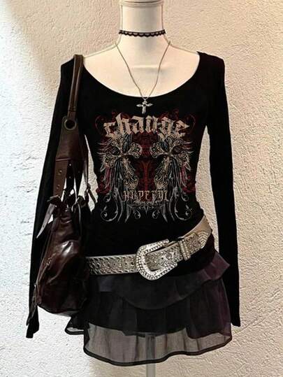 Attitoon 女士休闲简约黑色圆领紧身长袖打底 T 恤，适合秋冬季，复古十字印花，Y2K 风格