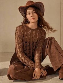 Wildy Fall Country Chic Winter Halloween Women's Casual Bohemian Hollow Out Long Sleeve Sweater Y2k Tops Boho Women Brown Western Wear Bohemian Airport Fall Sweater - Chocolate Brown - View 5