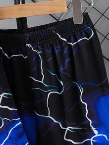 SHEIN 2 件青少年男孩休闲街头时尚夜光连帽衫和运动裤套装，适合通勤、上学、日常休闲装、运动、秋冬 - 藍色 - 查看 6