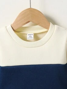 SHEIN 2 件套男婴/女婴休闲拼布宽松羊毛运动衫上衣和宽松慢跑裤套装，适合居家、户外和学校穿着 - 彩色 - 查看 6
