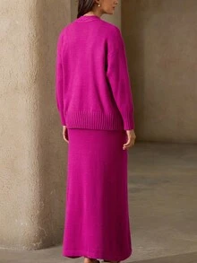 Aveloria Rosie 2 件套女士秋冬宽松柔软针织吊带连衣裙搭配长袖开衫毛衣 - 玫紅色 - 查看 6