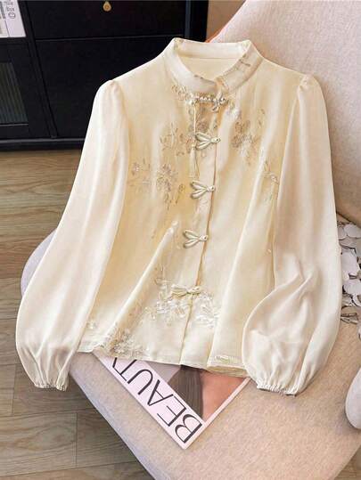 GlowEve CURVE 1 件大码刺绣前纽扣立领长袖优雅衬衫