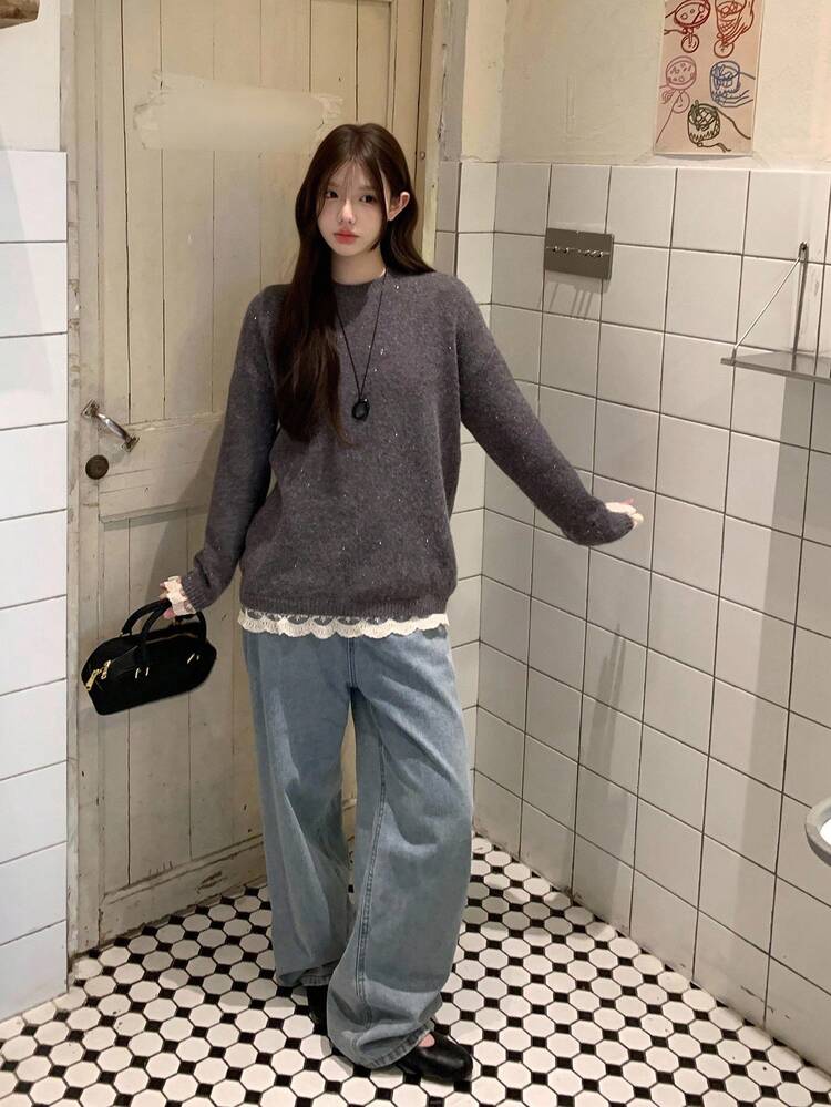 Women's Solid Color Shiny Yarn Korean Style Casual Versatile Long Sleeve Sweater Fall/Winter