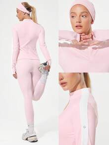 GLOWMODE Slim Fit Warm Hip Length 1/4 Zip Knit Long-Sleeve Top With Thumbholes Running Jogging Hiking Gym Training Daily Active Wear Sweat-Wicking - Baby Pink - View 8