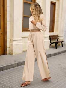 Brillora Autumn And Winter Outdoor Holiday Date Outfits, Autumn And Winter Outdoor Vacation Crew-Neck Long-Sleeved Shirts And Loose Wide-Leg Pants With High Slit Pants For Women, Summer Beach Outfits For Holidays, School Uniforms, Very Simple Outfits, Women's Country Outfits, Office Wear, Old Money Wear, Teacher Wear, Date Wear, Graduation Season, Women's Suits - Apricot - View 7