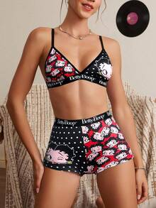 Betty Boop x SHEIN 女士波尔卡圆点和卡通人物字母提花文胸和宽松内裤套装 - 黑色 - 查看 4