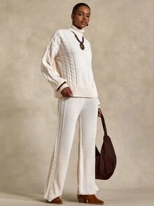Bóhologie Casual Crew Neck Oversize Crew Round Neck Balloon Sleeve Cable Knit Cozy Comfy Warm Touch Sweater & Wide Leg High Waist Knit Pants Pyjama Comfy Look For Fall Winter Women Outfits Cream Outfit Women Two Pieces Set Women Knit Two Pieces Set Women's Knit Set Cream Two Pieces Outfit - Apricot - View 6