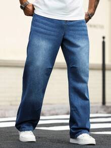 Manfinity Homme Plus Size Men's Loose Fit Pockets Wide Leg Casual Versatile Jeans - Blue - View 3