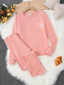 少女粉色圆领长袖和裤子针织舒适柔软弹力面料心形印花设计时尚休闲两件套家居服套装 - 粉色 - 查看 1