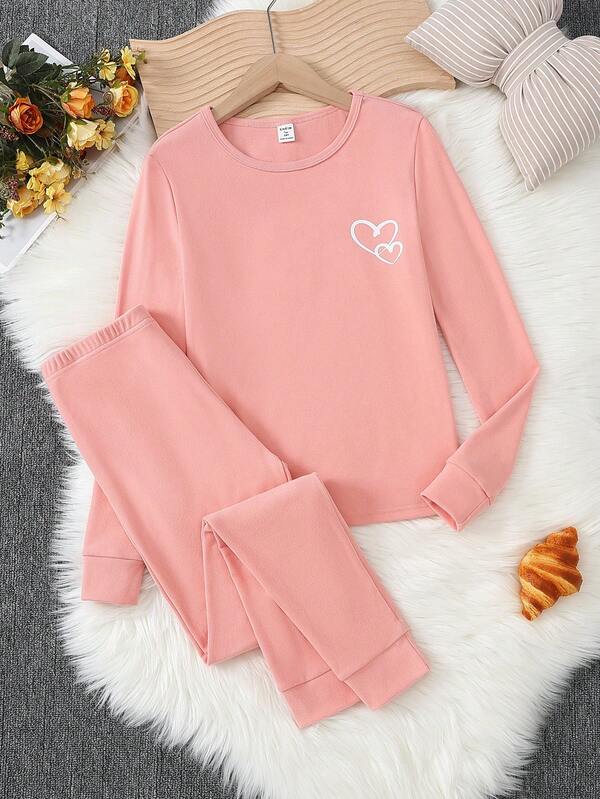 少女粉色圆领长袖和裤子针织舒适柔软弹力面料心形印花设计时尚休闲两件套家居服套装