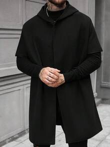 Manfinity Homme Áo khoác nam tay ngắn có mũ trùm đầu dáng rộng, hở phía trước, màu đen trơn, phong cách Old Money, thu đông - màu đen - Xem 1