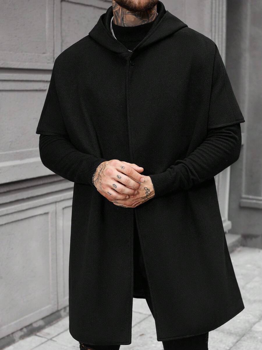 Manfinity Homme Áo khoác nam tay ngắn có mũ trùm đầu dáng rộng, hở phía trước, màu đen trơn, phong cách Old Money, thu đông - màu đen - Xem 1