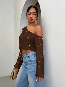 SHEIN BAE 秋冬女款闪亮斜肩长袖针织上衣 - 咖啡棕 - 查看 5