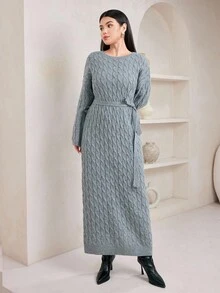 Veilorie 女式休闲纯色长袖圆领毛衣裙 - 深灰色 - 查看 6