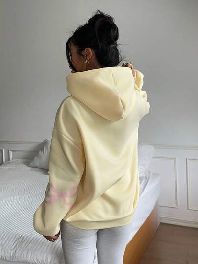 Aloruh Women's Autumn/Winter New Cream Yellow Hoodie, Butterfly Print Decor Cute Y2K Style Clothing Pastel Yellow Hoodie Pale Yellow Hoodie Butter Yellow Hoodie Cream Hoodie Halloween Fall Winter Clothes For Women Fall Women Clothes Halloween Clothes Fall Clothes Halloween Clothes For Women Fall Outfits For Women