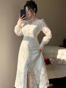 DAZY Women's Elegant V-Neck Puff Sleeve Lace Mid-Length Party Dress, Autumn Prom Dress - Apricot - View 3