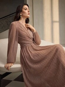 ZEYLAH 优雅派对闪光V领褶饰腰部连衣裙 - 藕粉色 - 查看 4