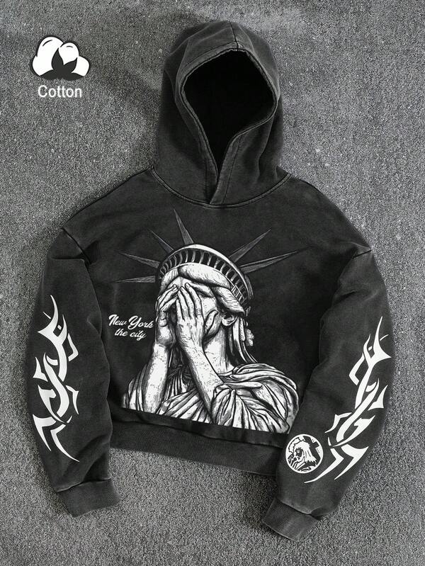 PAVTROS Sudadera con capucha casual y holgada con estampado de letras y llamas de Manfinity Streetrush para hombre, sudadera con capucha con gráfico de la Estatua de la Libertad, sudadera con capucha gráfica recortada, sudadera con capucha de estilo gótico, sudadera con capucha negra con gráfico de estilo de los 2000, sudadera con capucha gótica, sudadera con capucha grunge, sudadera con capucha recortada, sudadera con capucha para hombre, otoño e invierno