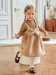 Souflis Souflis 2pcs Baby Girls Casual Ruffled Collar Top And Thick Strap Dress Set, Brown, Autumn/Winter Fall