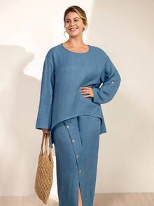Momelise Plus Size Women Solid Color Round Neck Adjustable Long Sleeve Asymmetrical Hem Top And Long Button Slit Casual Pants Set - Blue - View 7