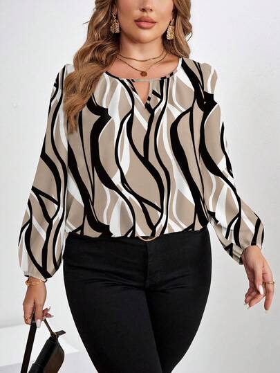 EMERY ROSE Teacher's Day Back To School Asymmetrical Stripe Contrast Color Print Plus Size Women Shirt, Elegant For Daily Business Commute, Versatile, Autumn/Winter