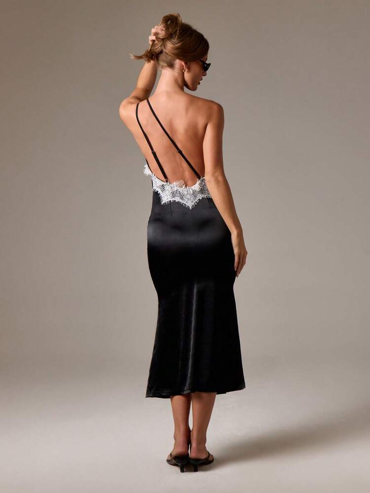 AiiRZ Elegant One Shoulder Black Midi Dress With White Lace Trim For Evening Party Wedding Guest Special Occasion Formal Event