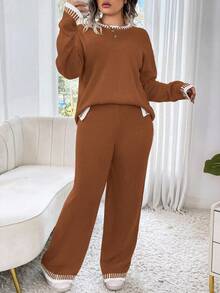 Elenzga Bộ áo len cổ tròn rộng rãi màu mơ và trắng cỡ lớn kèm quần ống rộng, trang phục thường ngày, thu/đông - màu nâu - Xem 4