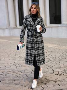 EURMUSE Women's Plaid Print Belted Long Sleeve Jacket - MultiWarna - View 6