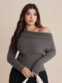 Dazy Plus 大码女式优雅纯色露肩套头毛衣，适合派对、秋季 - 深灰色 - 查看 1